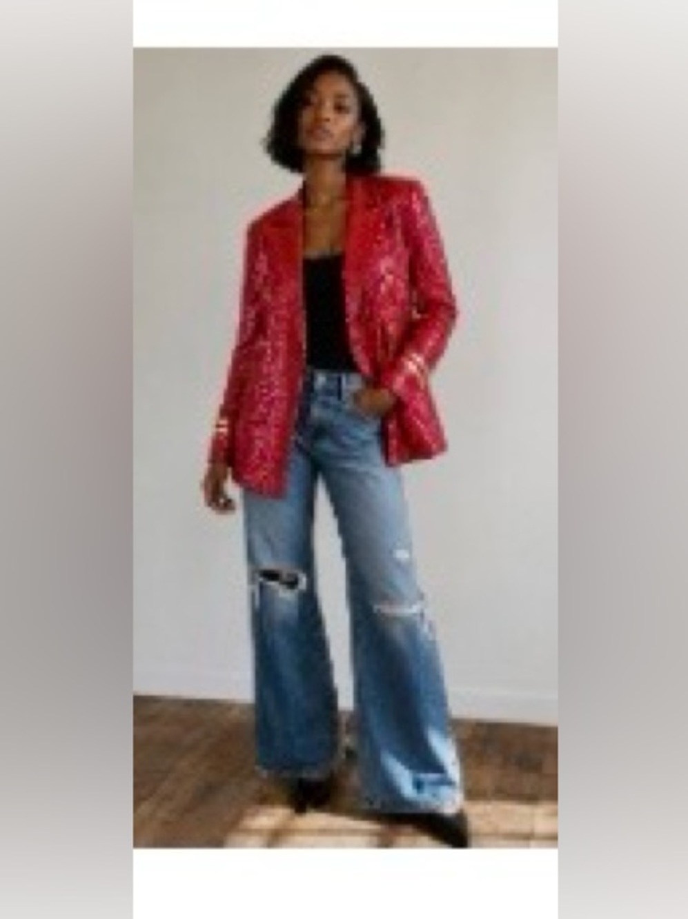 Women's Red Sequin Double-Breasted Blazer with Gold Trim
